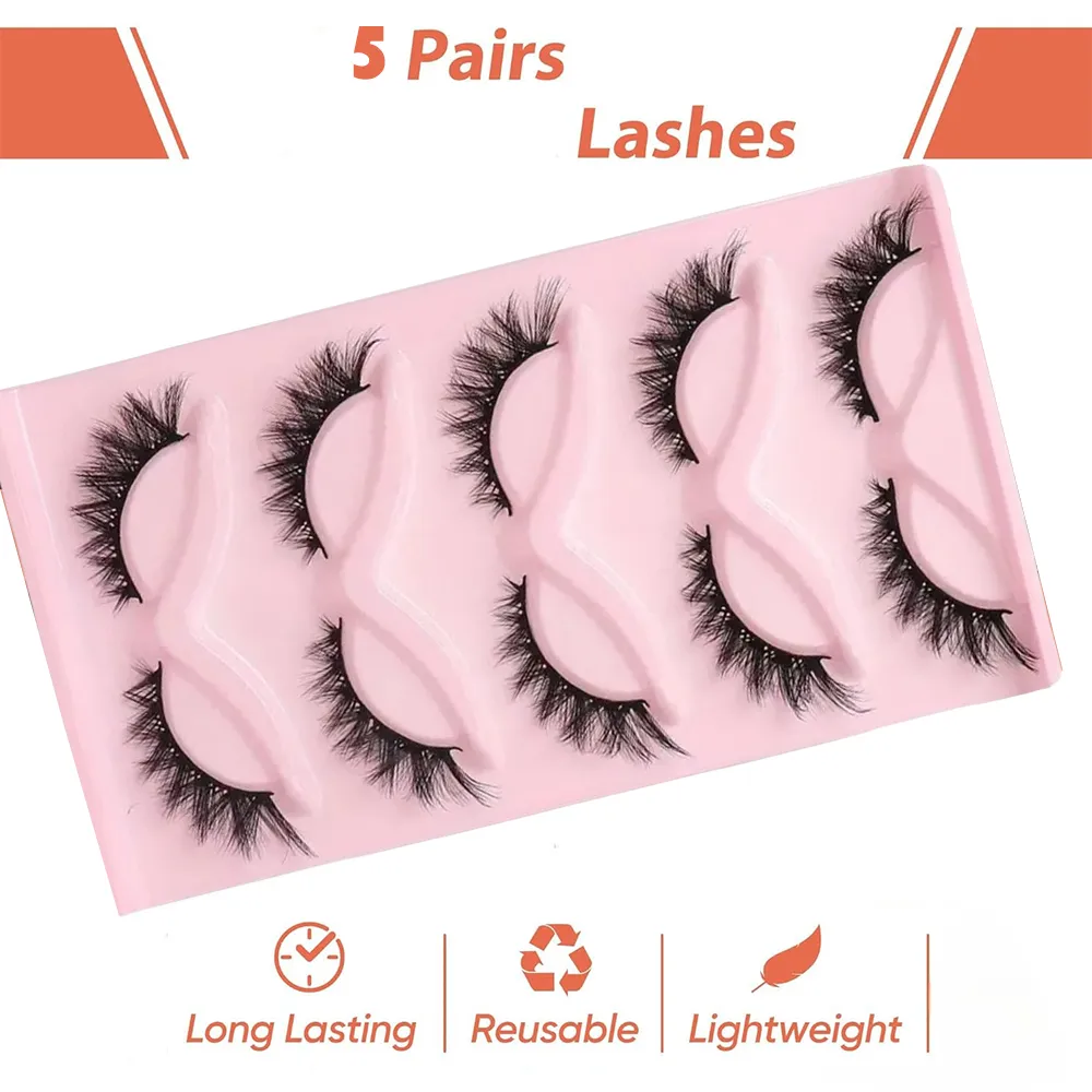 Cat Eye Eyelashes 3D Natural False Lashes Fluffy Soft Cross 5 Pairs Manga Lashes Wispy Natural Eyelash Extension Makeu