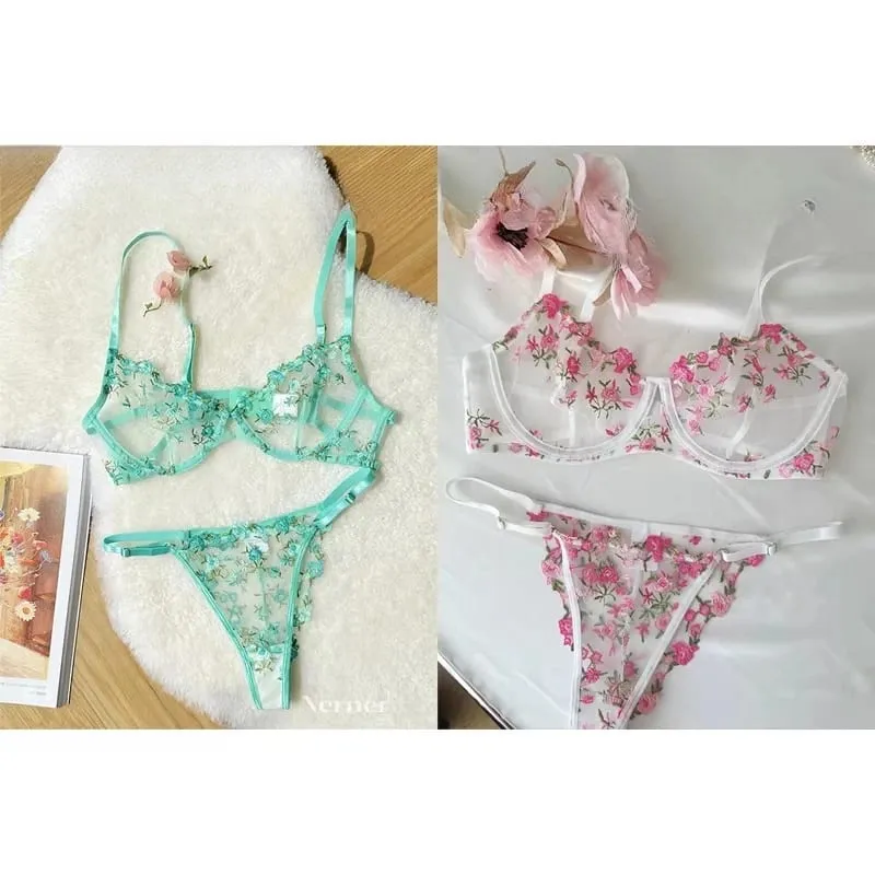 Korean Hot Lace Bra Set Floral Embroidery Transparent Mesh Ultra Thin Big Bust Modest Summer Ladies Daily Wear Underwear 32-38 — image 5