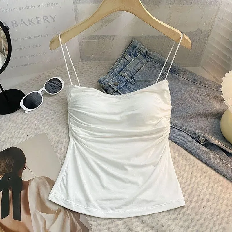 Y2K Streetwear Women Spaghetti Strap Crop Top With Bra Bodycon Sleeveless Cami Tube Top Basic Camisole Tees Korean Women Clothes