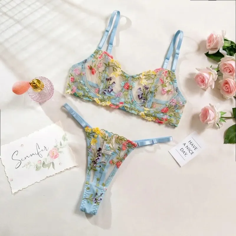 Σετ εσώρουχων 2 τεμαχίων Bohemia Floral Κέντημα Ευέλικτο Εσώρουχα Intimates Underwire Push-up Sheer Set εσώρουχα για κορίτσι