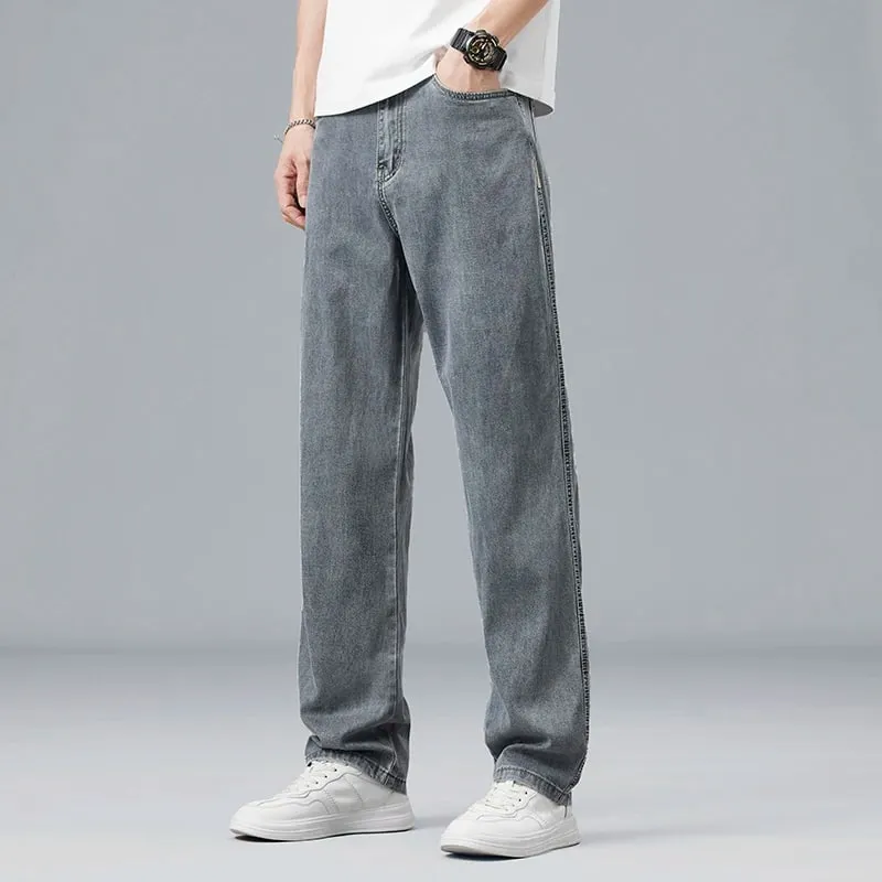 Summer Ultra-thin Lyocell Men's Jeans Drape Soft Fabric Loose Straight Casual Denim Pants Elastic Ice Silk Male Trousers
