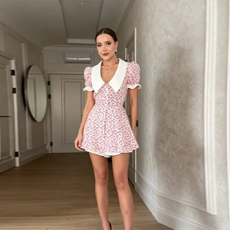 Elegant Floral Print Mini Dress Lapel Collar Puff Sleeves Fitted Waist A-line Skirt Inner Shorts Casual Women Summer Daily Wear