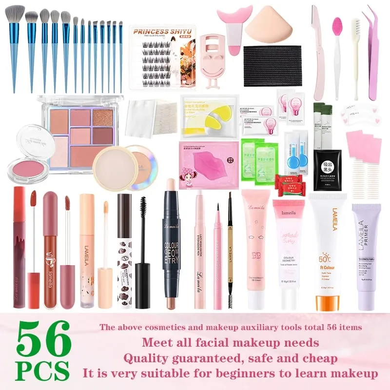 47PCS Set Waterproof Makeup Set BB Cream Eyebrow Pencil Eye Shadow Eyeliner Pencil Mascara Lipstick Loose Powder Brush Tool Set