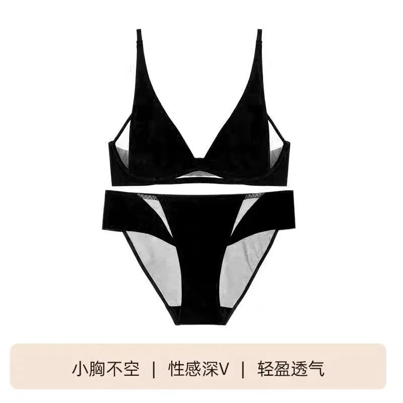 French Triangle Bra Rabbit Ear Cup Deep V Wireless Bralette for Small Bust No Gap Sexy Lingerie Set Breathable Summer Thin