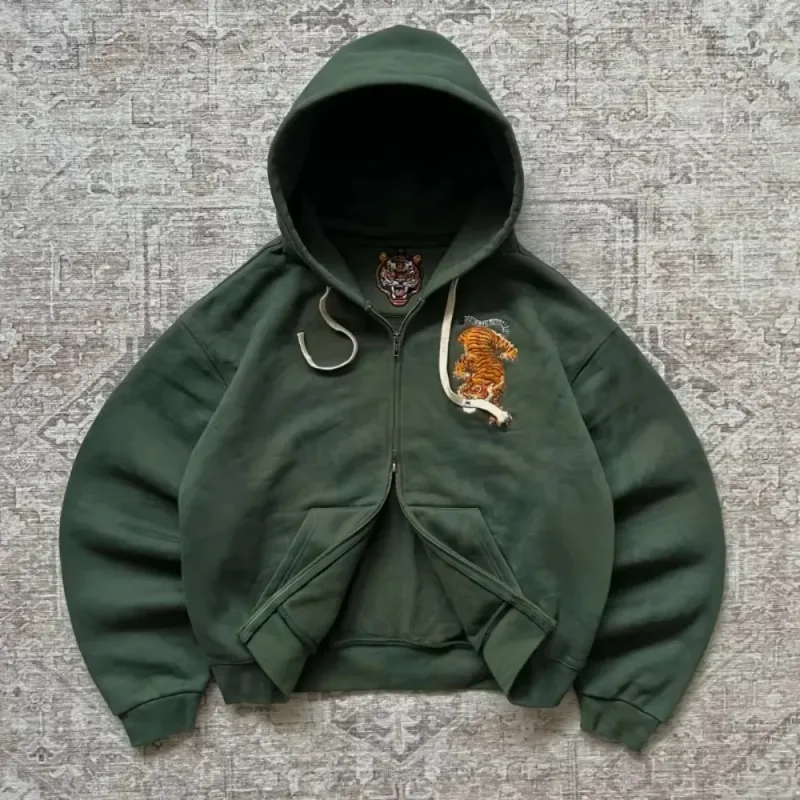 Vintage Bear Print Hoodie Men Retro Green Plaid Patch Pullover Hooded Sweatshirt Casual Streetwear Long Sleeve Women Hoodies Top