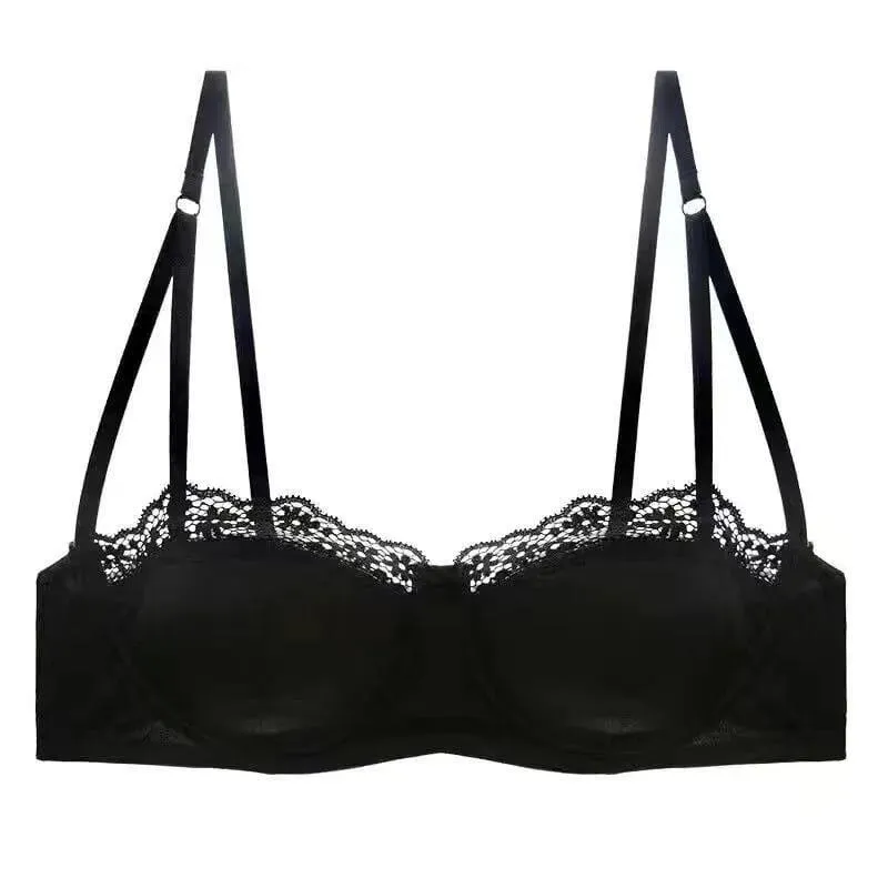 European -American sexy satin half cup comfortable upper support underwear set thin with steel ring green lace edge glossy bra