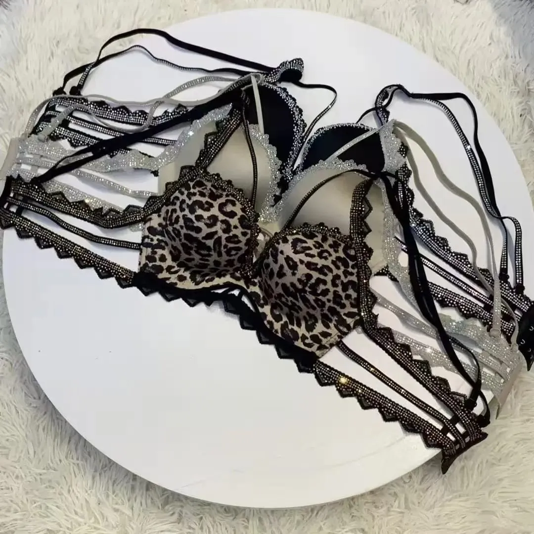 (Bralette For Small Breasts) New Rhinestone Leopard Print Thickened Lingerie Small Breasts Gathering Hollow Out Women's Bra Set — image 1