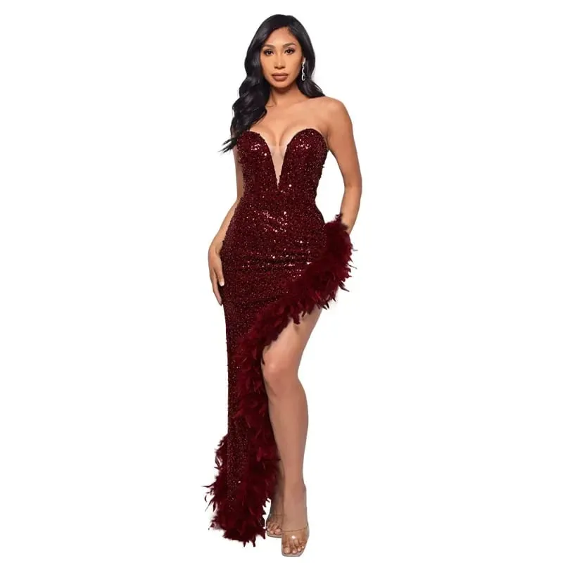 CM.YAYA Women Sequined Strapless Feather High Side Split Strapless Bodycon Midi Maxi Dress Sexy Club Even Party Dresses Vestidos