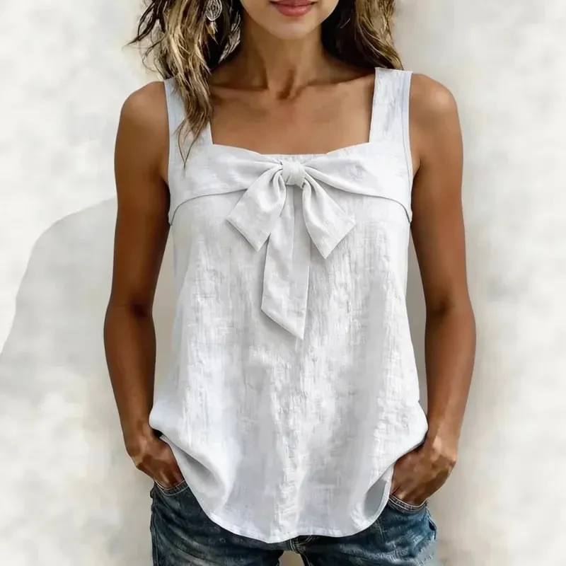 Women Square Neck Sleeveless Tank Tops Front Bow Decor Solid Color Casual Summer Ladies Camisole