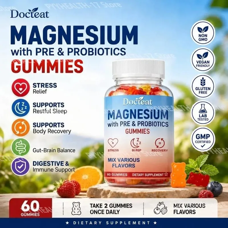 Docteat Magnesium Gummies with Pre & Probiotics for Stress Relief Supports Restful Sleep Relaxation and Recovery 60 Gummies