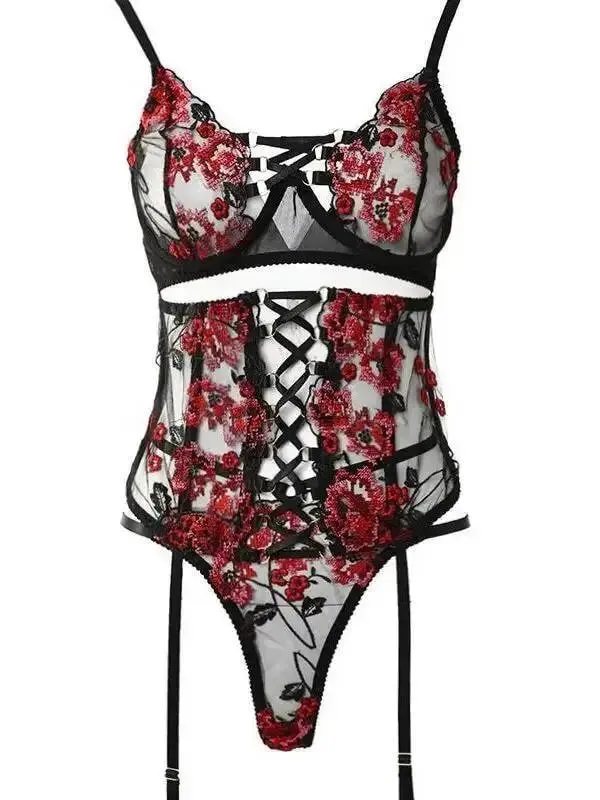 Flower Embroidery Mesh Transparent Fashion Sexy Bodysuits Backless Deep V Sleeveless Bodysuits Hollow Out Pure Desire Charm MSQT