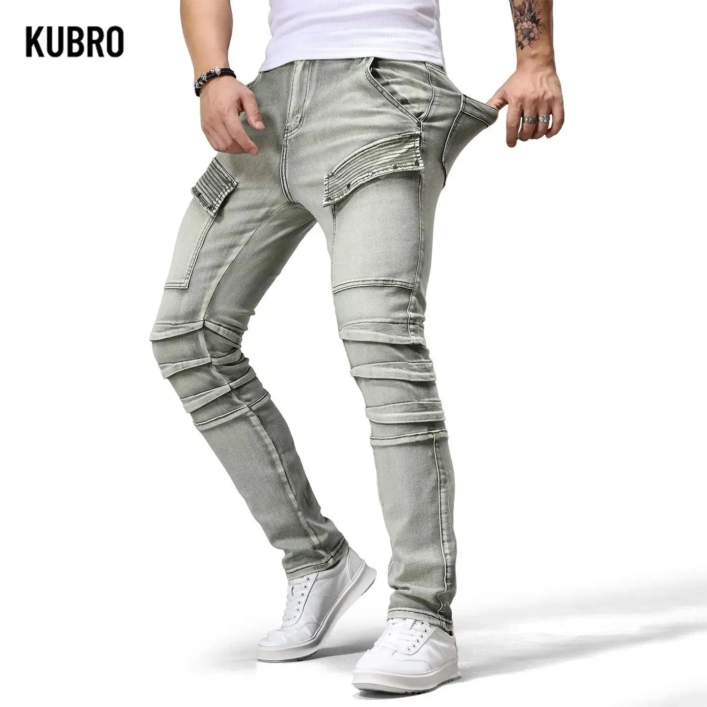 Retro Motorcycle Denim Jeans Men's Trending Patchwork Handsome Slim Fit Long Pants Fashion Board Straight Leg Jeans Denim Pants