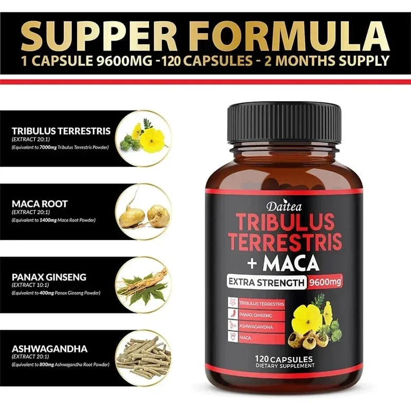 Daitea Tribulus + Maca Extract Capsules - Extra Strength 9600 Mg - Energy Endurance & Natural Energy Non-GMO