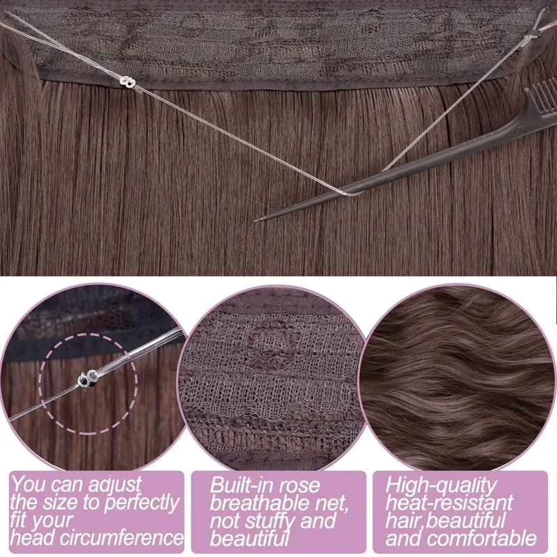 No Clips In Long Wavy Hair Extension Invisible Wire Hidden Fish Line False Hair Piece Synthetic Natural Black Blonde 16”22”32”