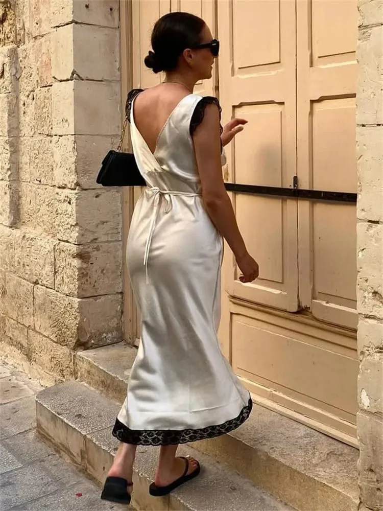 Tossy Fashion Satin Blonde Lang Kjole Kvinder V-hals Patchwork Hollow Out Ærmeløs Snøringskjole Aften Kvinde Efterår Maxikjole — image 5