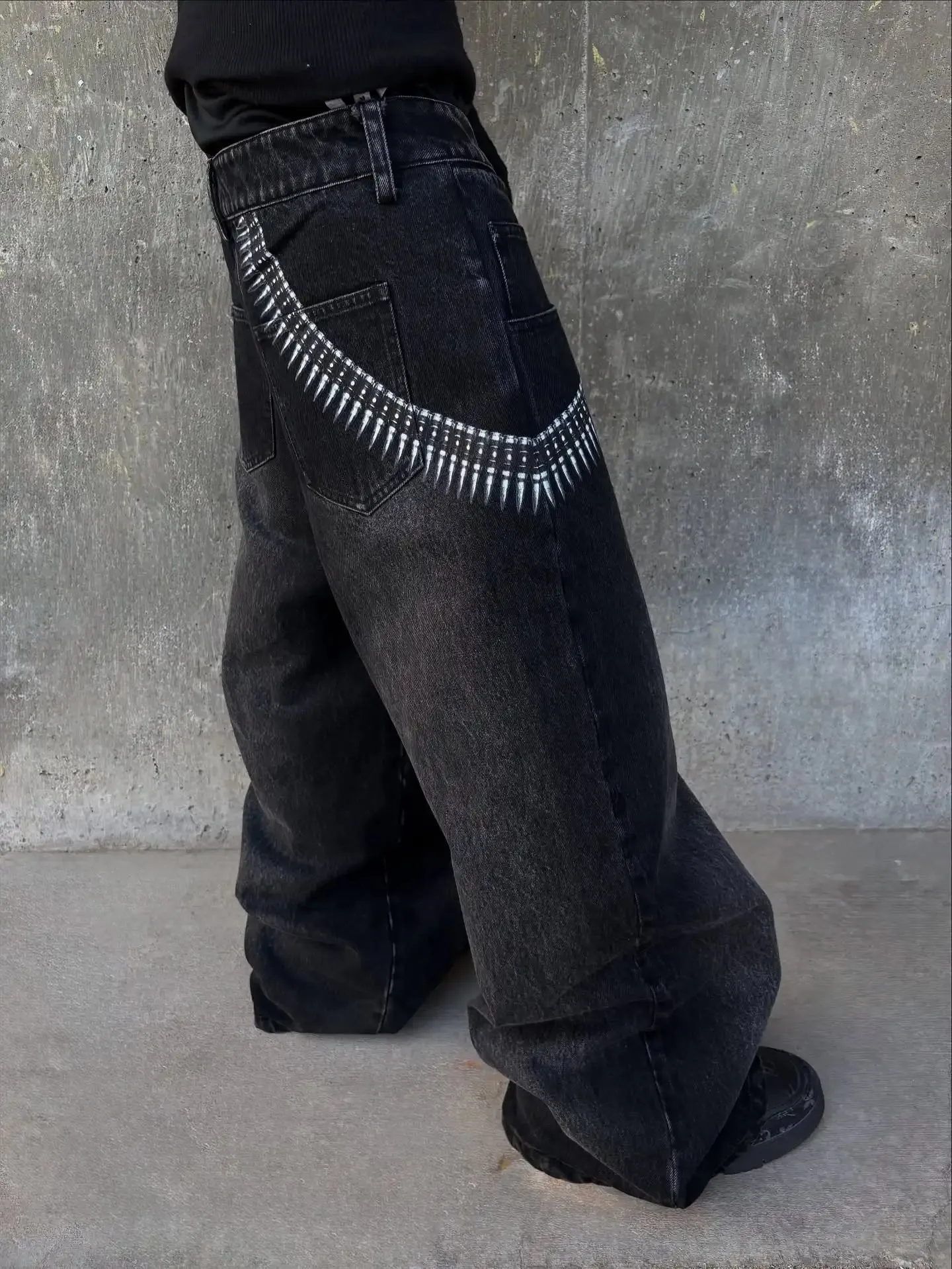 Y2K Baggy Tactical Jeans Men Punk Bullet Chain Print Washed Jean Retro High Street Jeans Hip Hop Men Casual Wide Leg Denim Pants