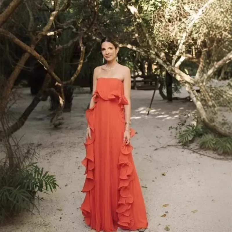 Vestido de fiesta de verano para mujer, vestido largo formal de gasa plisado naranja, vestido de fiesta de playa sin tirantes con volantes hecho a medida