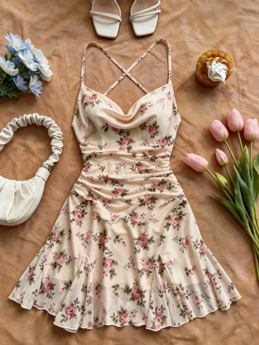 Elegant Floral Print Mini Dress for Women Summer Spring Vacation Beach Style Off-Shoulder Strap Gown Stylish And Sophisticated