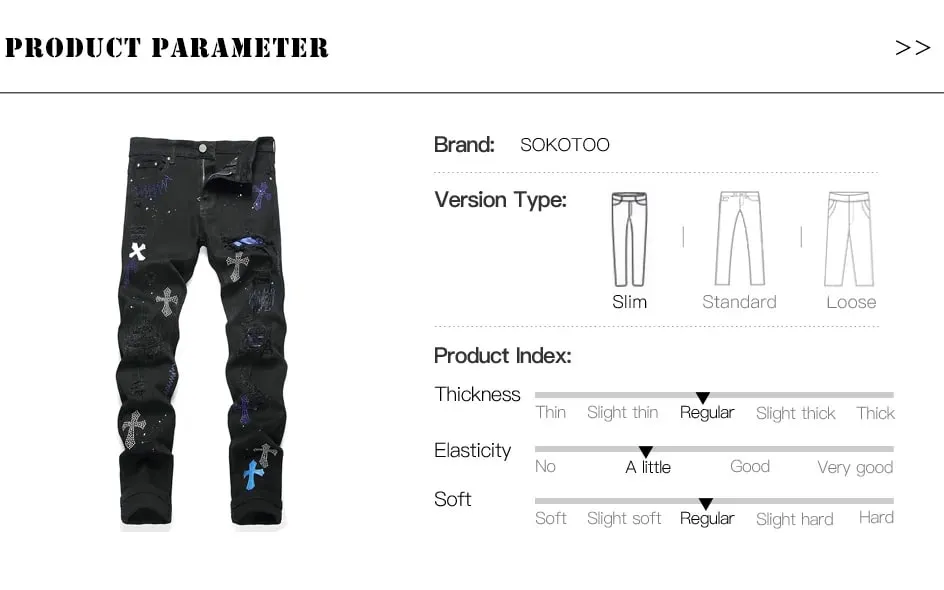 Men Crystal Cross Stretch Denim Jeans Holes Ripped Distressed Black Pants Embroidery Slim Tapered Trousers