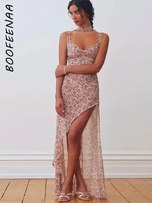 Sexy Asymmetrical Halter Backless Long Dresses Floral Print Chiffon Beach Vacation Summer Dress Womens 2023 C15-CI16 — image 5