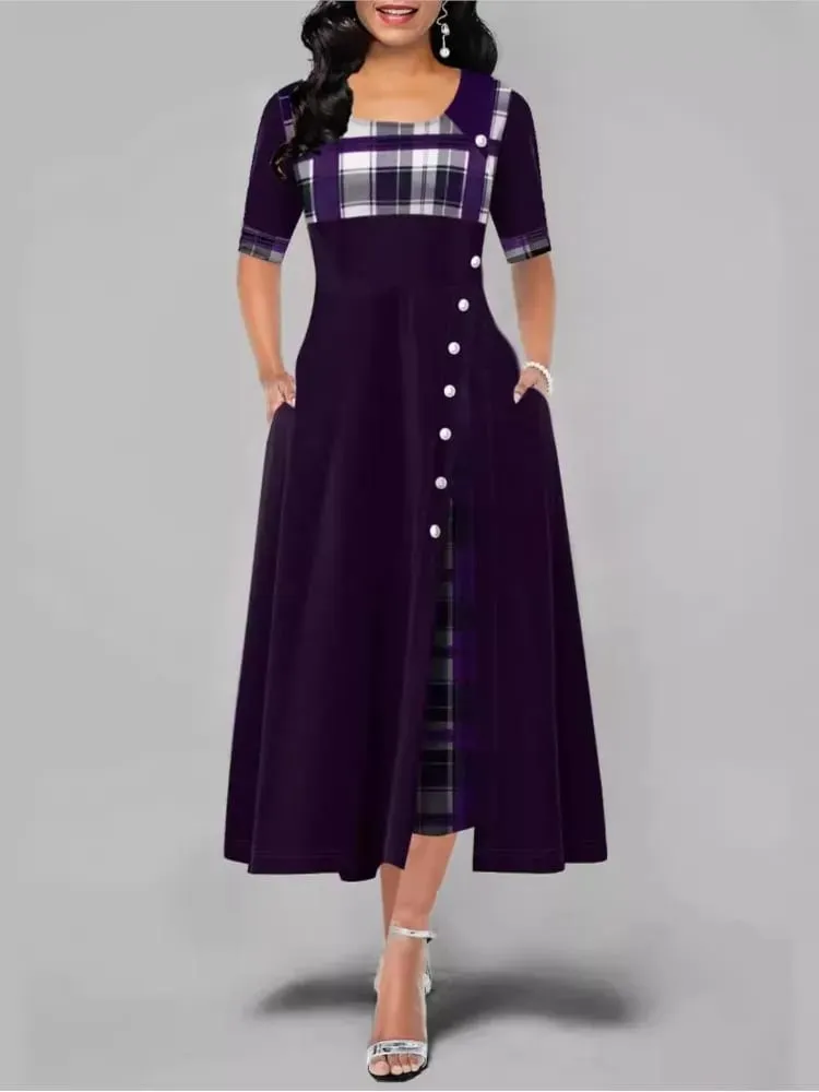 Robe longue en Patchwork de treillis irrégulier pour femmes, Vintage, boutons, col rond, demi-manches, décontractée, pour les déplacements, à la mode