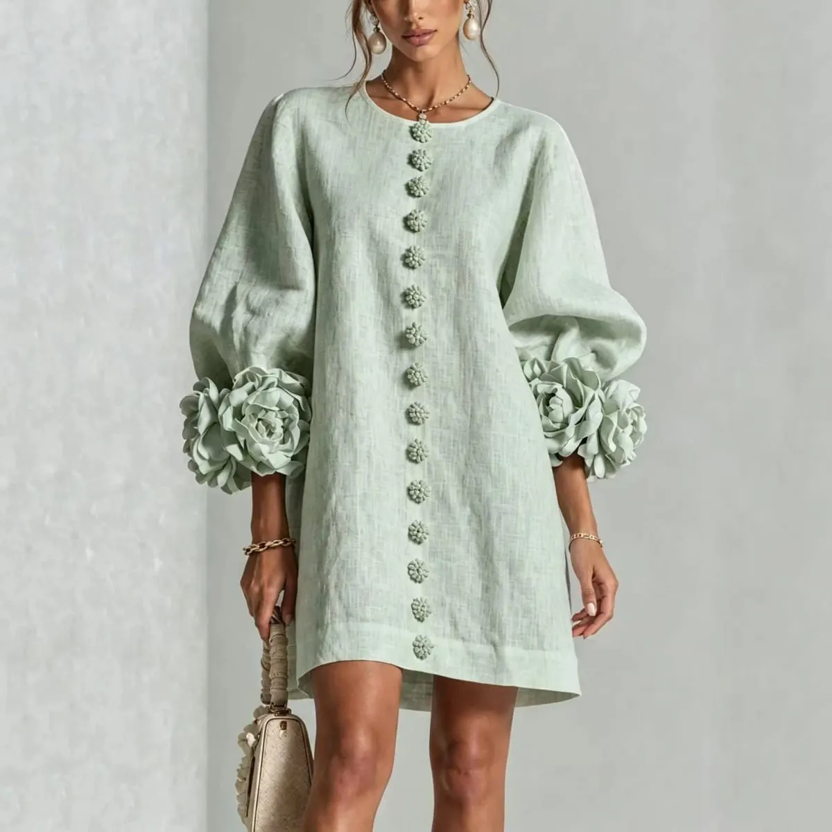 Women Spring Autumn 3D Flower Long Lantern Sleeve Cotton Linen Mini Dress Solid Crew Neck Loose Elegant Daily Wear Short Dress