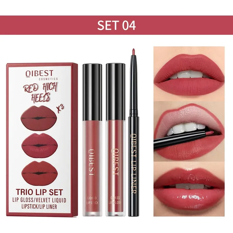 3pcs Lips Makeup Sets Include Lip Glaze Lip Mud And Lip Liner Long Lasting Nude Red Black Brown Lip Gloss Tint Cosmetics