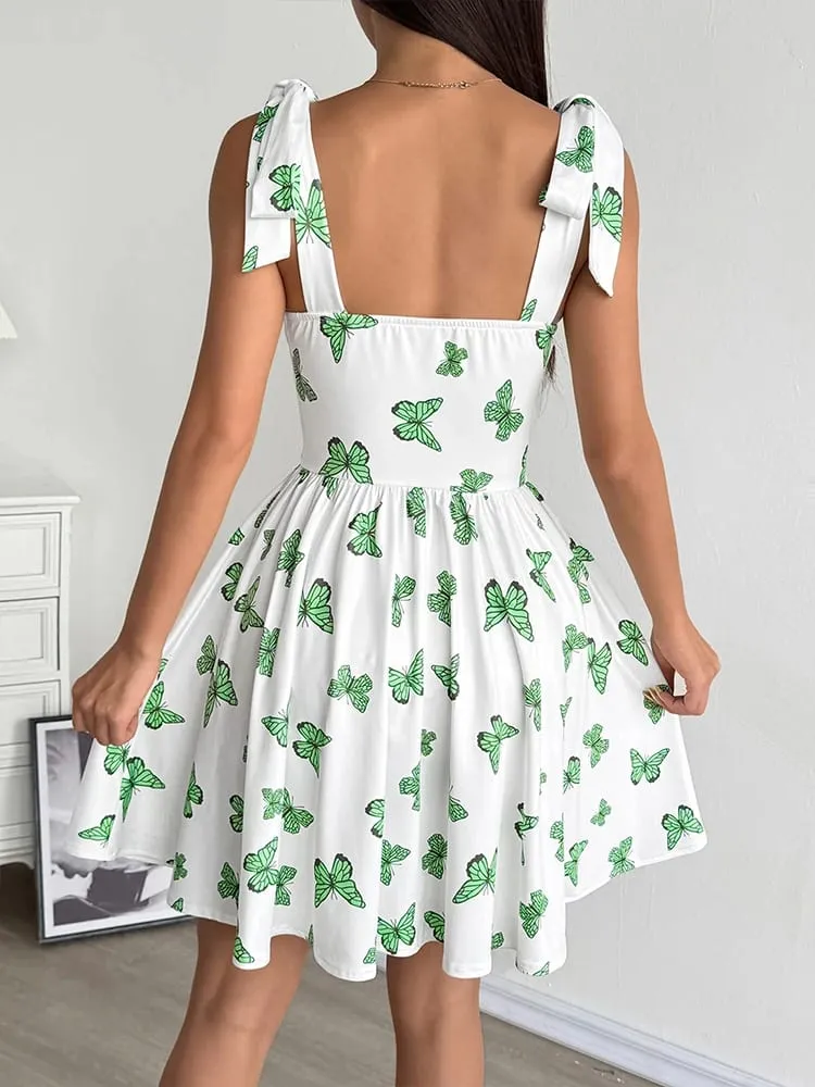 Summer New Women Dresses Streetwear Fashion Butterfly Print V-Neck Dress Sexy Female Backless Knitted Dress Casual Slim Clothing
