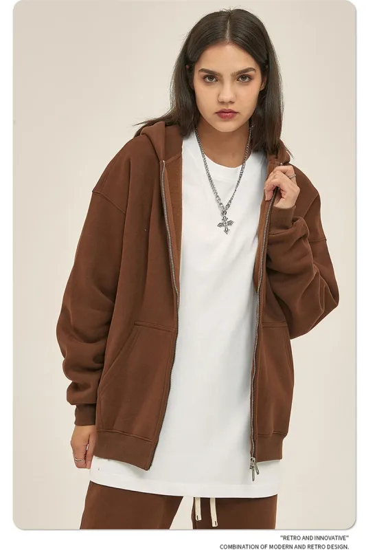 New Men Double Headed Zipper Fleece Hoodies Unisex Loose Basic Solid Warm Hooded Sweatshirts Coats For Winter HY0633