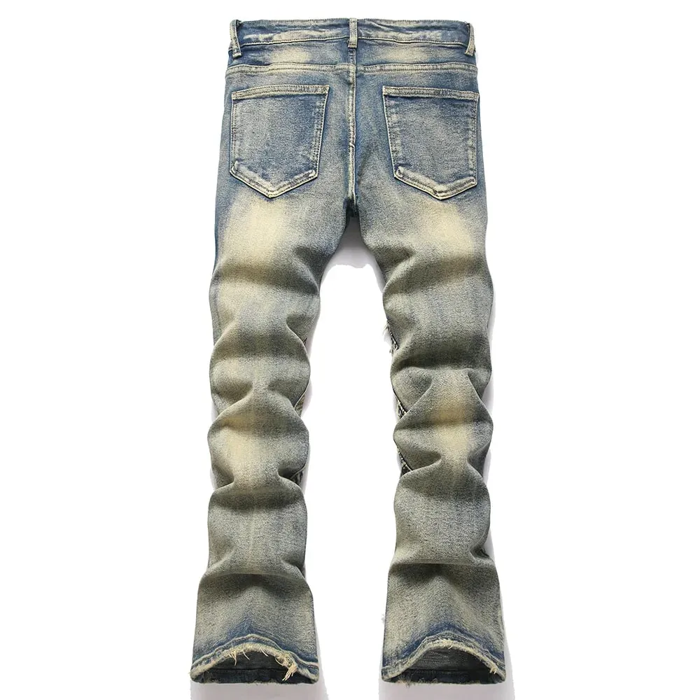 Men Embroidery Patch Boot Cut Jeans Patchwork Stretch Denim Slim Flared Pants Vintage Blue Streetwear Trousers
