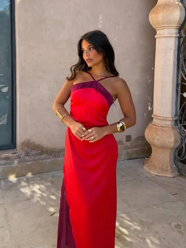 Women Sexy Color Blocking Halter Maxi Dresses Elegant Backless Off shoulder Sleeveless Slim Gowns 2026 New Lady Party Vestidos — image 1