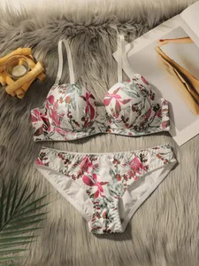 Hübsches bedrucktes Push-Up-BH- und Höschen-Set für Damen, Spitzen-Bügel-BHs, sexy Dessous-Set für Damen, bequeme Alltagsunterwäsche