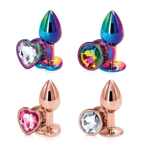 Curcubeu aur trandafir roz mic Set de dimensiuni medii în formă de inimă cristal metal margele anale butt plug bijuterii jucărie sexuală pentru femeie bărbați