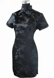 Robe Qipao traditionnelle chinoise noire pour femmes, Mini Cheongsam courte et Sexy, bouton floral fait à la main, grande taille 3XL 4XL 5XL 6XL