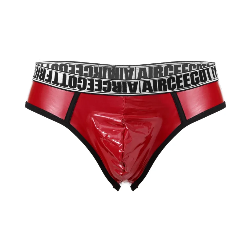 男性フェイクレザーブリーフパンツセクシーなウェットルックローウエストバルジポーチパンティー下着水着水着水泳ショーツ