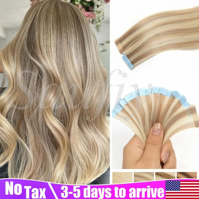 12-20 tuuman Balayge Blonde Miniteippi ihmisen hiustenpidennyksiin Kaksipuolinen näkymätön Saumaton teippi hiuksiin 10 kpl/pakkaus Luonnollinen Suora Musta Blondi Balayge Ruskea Miniteippi hiustenpidennyksiin