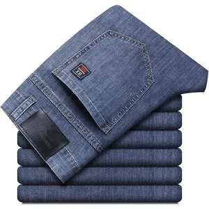 Verão novo elástico calças de brim masculinas moda confortável negócios em linha reta estiramento algodão casual calças jeans marca masculina calças finas