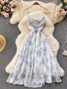 Wanita Floral Spaghetti Strap Dress Elastik Ruched Seksi Hollow Backless Party Dress Summer Boho Holiday Beach Sundress