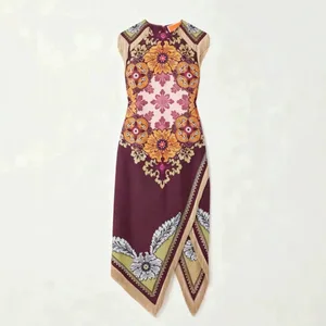 Vintage czeski szalik drukuj Midi sukienka damska elegancki kwiatowy bez rękawów sukienka kopertowa letnia asymetryczna chusteczka Hem Fringe