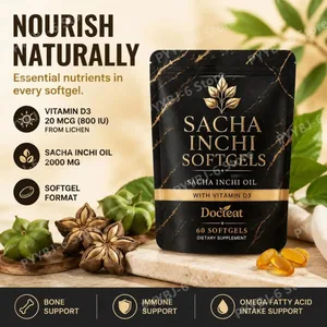 Docteat ซอฟท์เจลน้ำมัน Sacha Inchi พร้อมวิตามิน D3 ที่ได้มาจากไลเคน สำหรับการสนับสนุนกระดูกและภูมิคุ้มกันและการดูดซึมซอฟเจล 60 ซอฟท์เจล