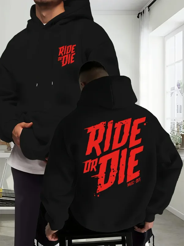男士機車連帽衫 Ride Or Die 字母圖案背面印花超大運動衫 摩托車街頭服飾秋冬