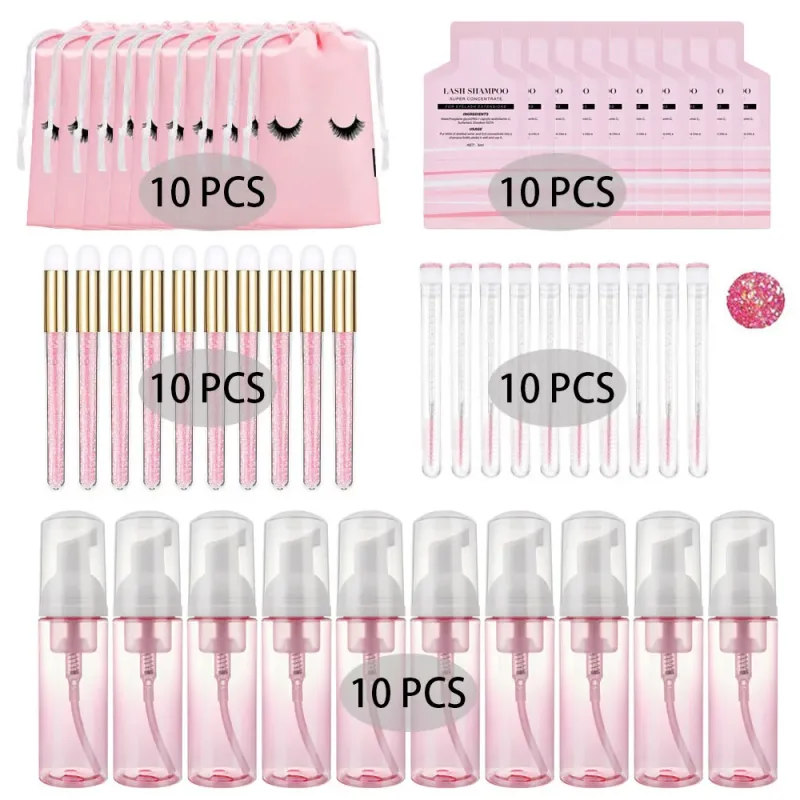 60ml Botol Pam Buih Kosong Kalis Bocor Boleh Diisi Semula Kit Syampu Sambungan Bulu Mata Tiub Sikat Bulu Berus Pembersih Beg Penyimpanan EVA
