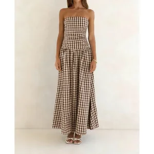 Combhasaki Kvinder Vintage Ensfarvet Ruched Stropløs Lavtalje Patchwork Rygløs Elegant Flowy Plisseret A-Line Tube Lang Kjole