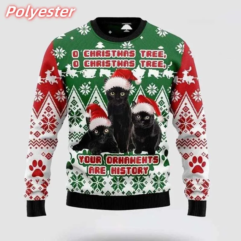Sweat à capuche imprimé chat flocon de neige en 3D pour hommes, sweat-shirt à motif de cadeau de noël, décontracté, manches longues, pulls à col rond