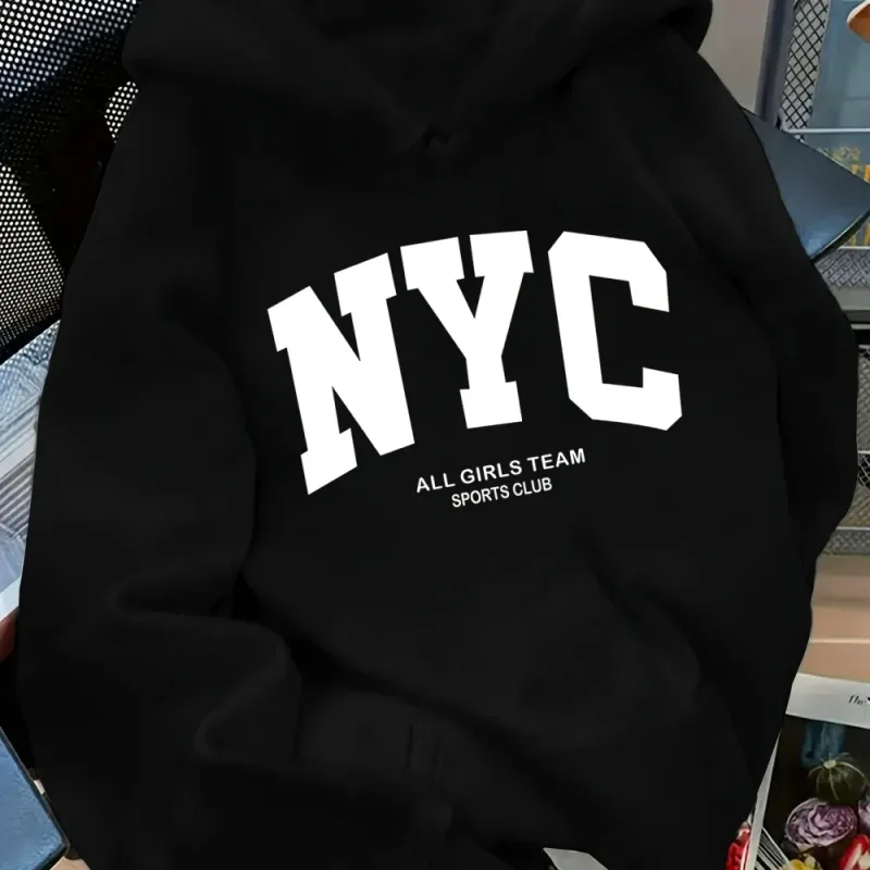 New Fall/Winter Comfortable Navy Blue New York Team Hoodie - Long Sleeve Couples' Street Style Hoodie Casual Pullover with POC