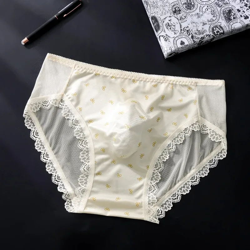 Stor storlek Herr Sissy Satin Trosor Sexiga Scalloped Spets Sheer Trosor Glansiga Underkläder Mid Rise Spetsrosett U Convex Pouch Kalsong