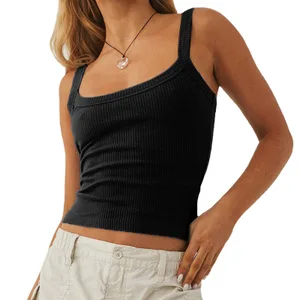 Canotte da donna in tinta unita Canottiere basic a costine senza maniche con scollo a U e vestibilità slim