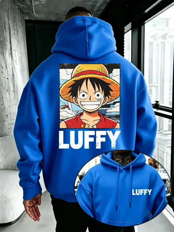 Anime One Piece Hoodie, Vintage Luffy stripfiguur voor- en achterkant print losvallend sweatshirt voor mangaliefhebbers