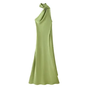 High Street ผู้หญิงเซ็กซี่ Elegant Halter ชุดยาวหญิงแฟชั่น Backless สีเขียวซาตินพรรค Maxi Vestidos