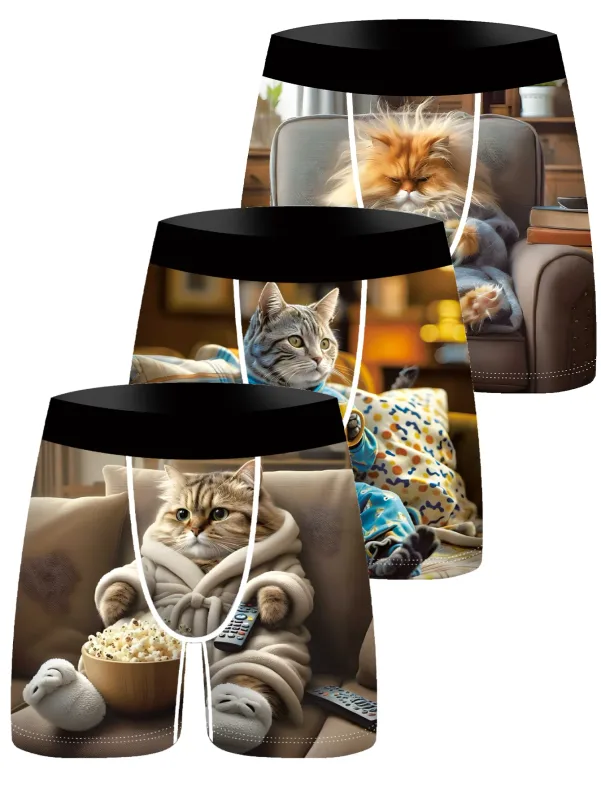 3Pcs Lelaki Seluar Boxer Lelaki Comel Lazy Cat Seluar Dalam Cetakan 3D Lembut Regangan Seluar Dalam Lelaki Hadiah Kebaharuan Lucu Seluar Boxer